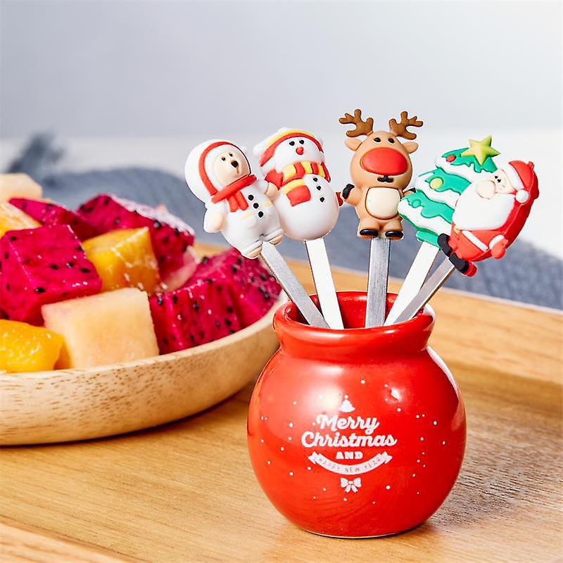 5pcs/set Christmas Fruit Fork Stainless Cartoon Santa Claus Salad Vegetable Fork