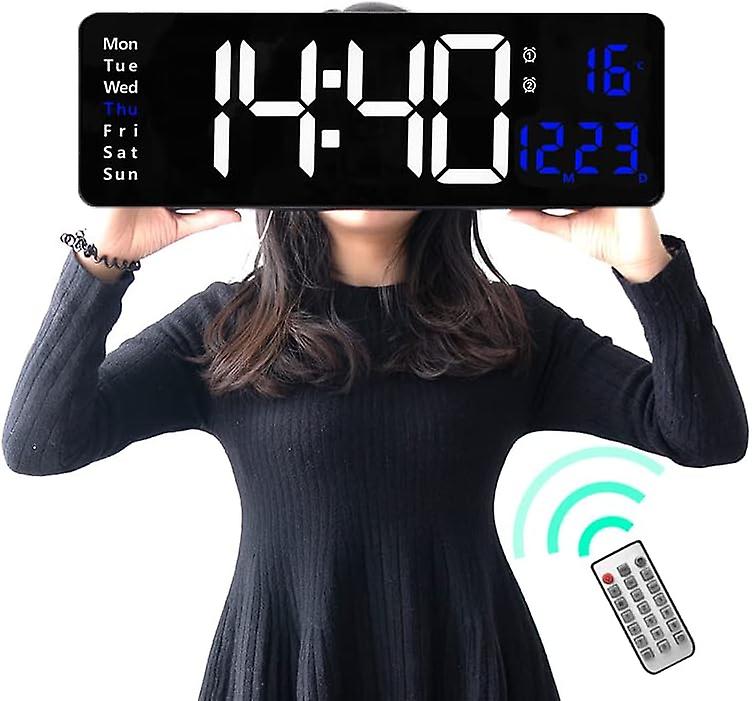 16.2" Large Display Digital Wall Clock with Remote, Digital Clock with Time Date Temp Week,12/24H, Auto/Custom Dimming,Timer,Wall Mount(Black+Blue)
