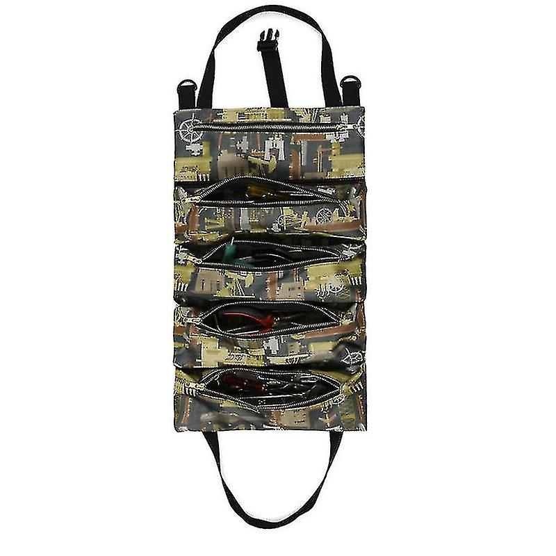 Tool Roll Up Bag With 5 Zipper Pockets Multipurpose Wrench Roll Pouch Tools Organizer Car Seat Back