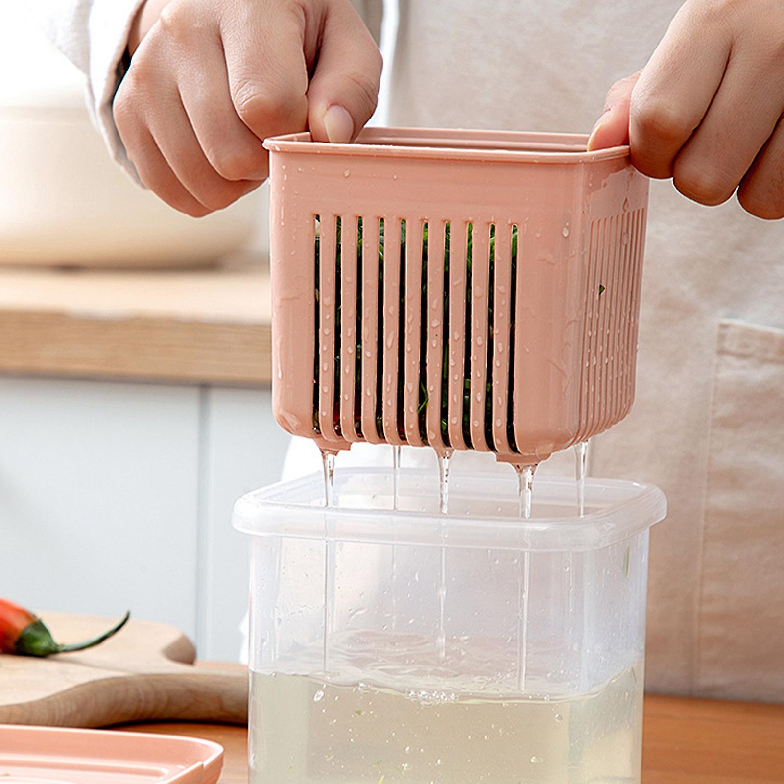 Vegetable Storage Box Double Layers Keep Freshness Ginger Garlic Onion Container Sealing Box with Drain Basket Pink 