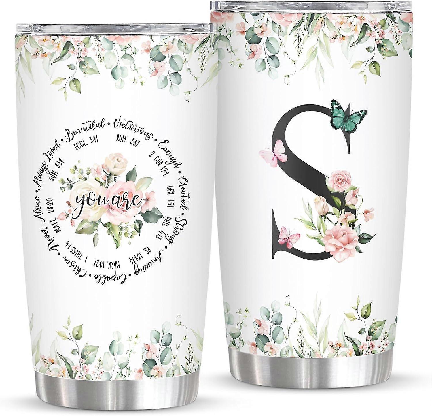 Személyre szabott Initial S Tumbler 20oz, monogrammal ellátott ajándék nőknek Születésnapi anyák napja vallási ajándék, személyre szabott keresztény ajándék nőknek Initial Cof