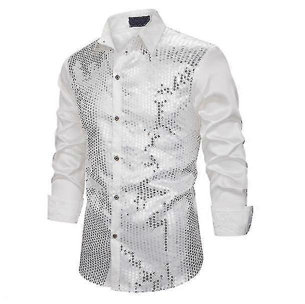 Men Shirt Sequins Long Sleeve Button Down Shirt