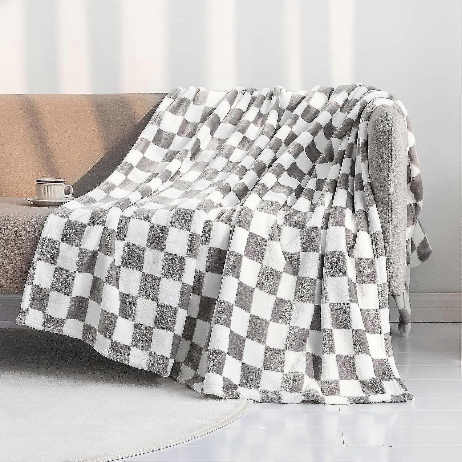 Throw Blankets Flannel Blanket with Checkerboard Grid Pattern Soft Throw Blanket for Couch, Bed, Sofa Luxurious Warm and Cozy for All Seasons (Grey, 5