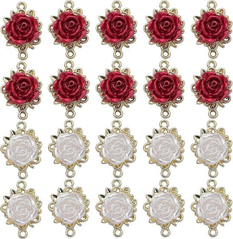 1 Box 32Pcs Rose Charms 3D Rose Flower Connector Charms Bulk Red White Rose Flowers Links Valentine's Day Linking Connectors Double Loop Charms for Je