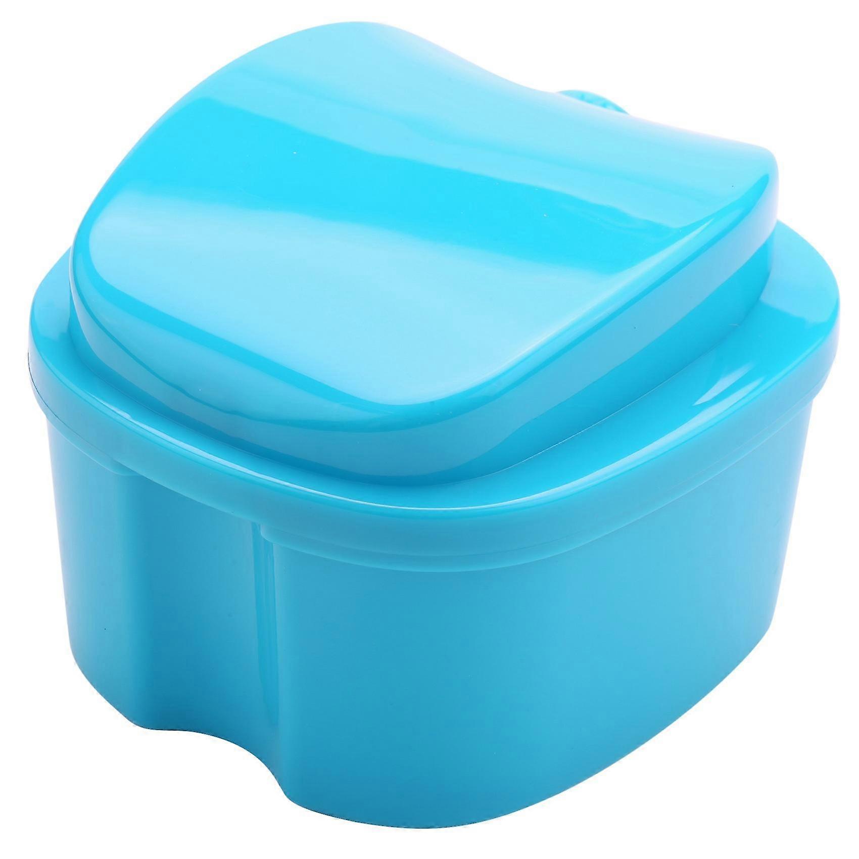 Blue Denture Case, Denture Cup With Strainer, Denture Bath Box Teeth Storage Box With Basket Net Co