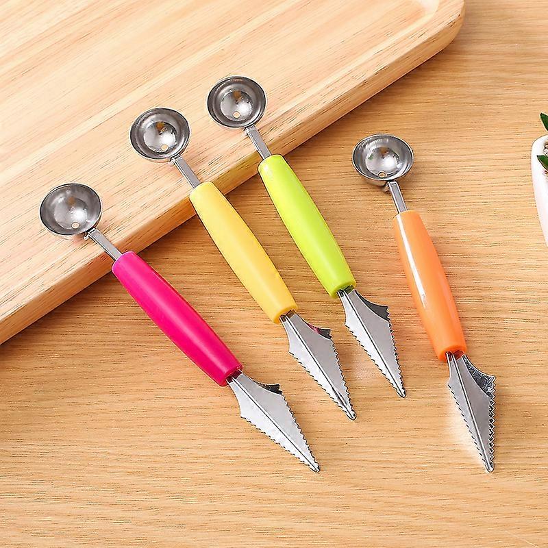 2 in 1 Doppelkopf Obstschnitzen Gadge Messer Küche Obstplatte Sahne Kugellöffel DIY Obst Schnitzen Wassermelonen Cutter Slicer (Farbe: Zufällige Farbe)