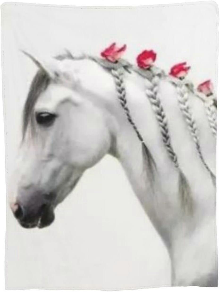 بطانيات مع طباعة الحصان ، بطانية رقيق للحيوانات ، بطانية محبوب ، أبيض ، بياضات سرير حصان ، بطانية محبوب