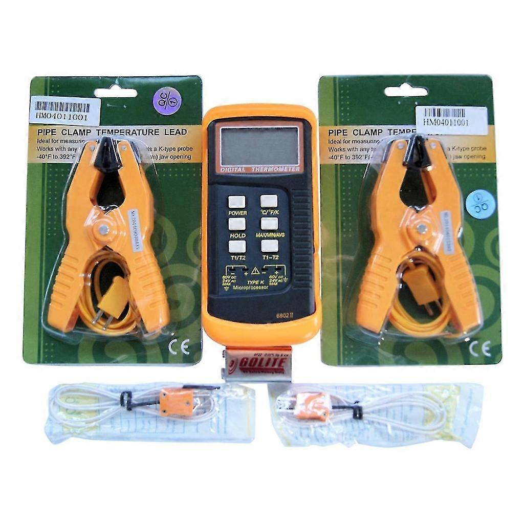 6802ii Digital Temperature Tester Duouble Channel Thermometer Temperature Meter Typek With Display Screen +pipe Clamps