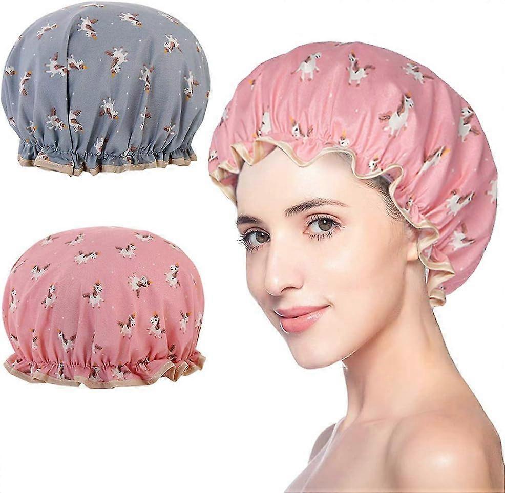 2 Piece Shower Cap, Waterproof Elastic Bathing Cap Double Layer Reusable Hat