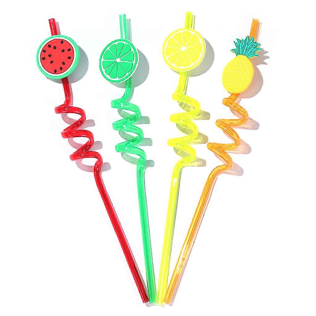 4Pcs Cartoon Lime Lemon Pineapple Watermelon Plastic Spiral Drinking Straws Chil