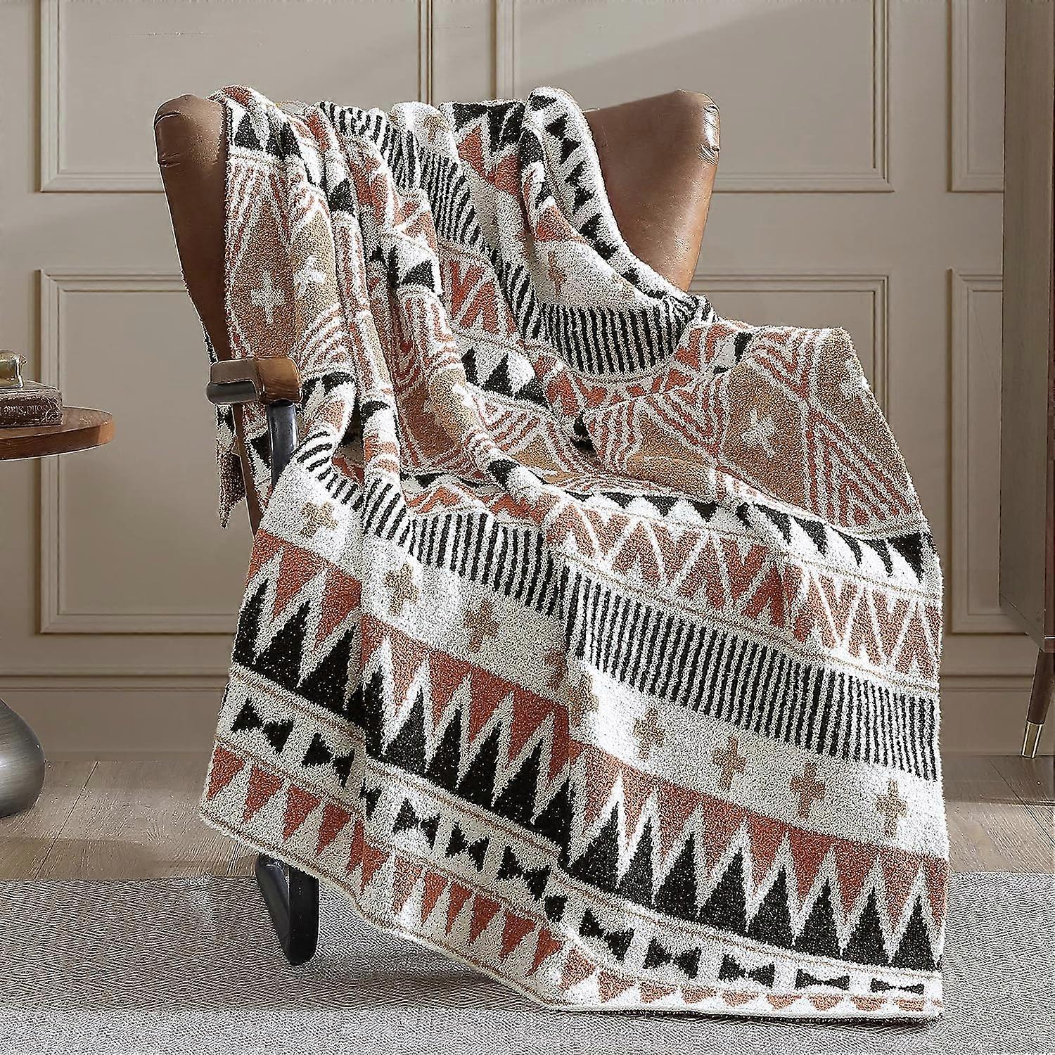 Boho Knitted Throw Blanket, Brown 50" x 60" Soft, Shaggy and Warm Microfiber Mexcian, Aztec, Native American,Western Blanket for Couch, Sofa, Chair, B