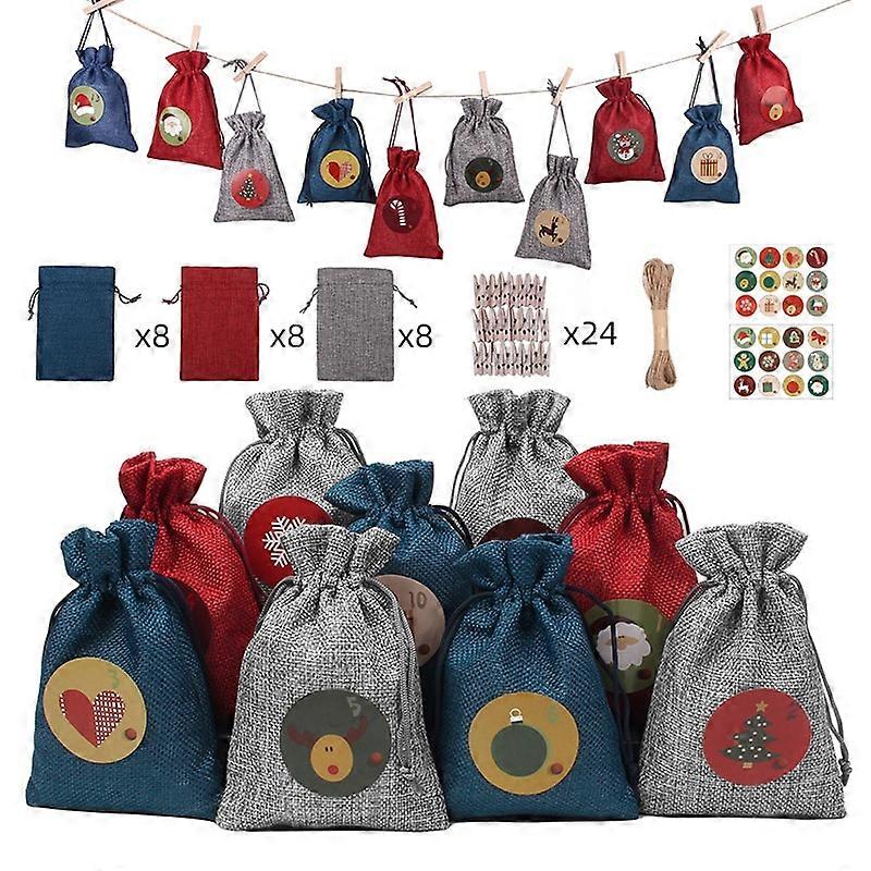 24pcs Digital Christmas Drawstring Burlap Bag Wooden Sign Advent Calendar Countdown Gift Bag Set