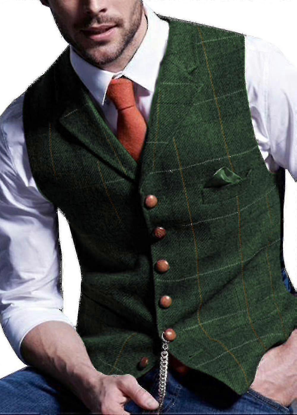 Mens Suit Vest, Notched Plaid Wool Herringbone, Tweed Waistcoat Casual