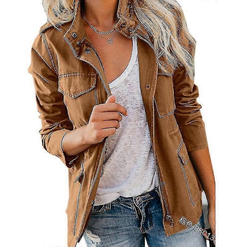 Dames Solid Losse Rits Multi-Pocket Jas-L-Bruin