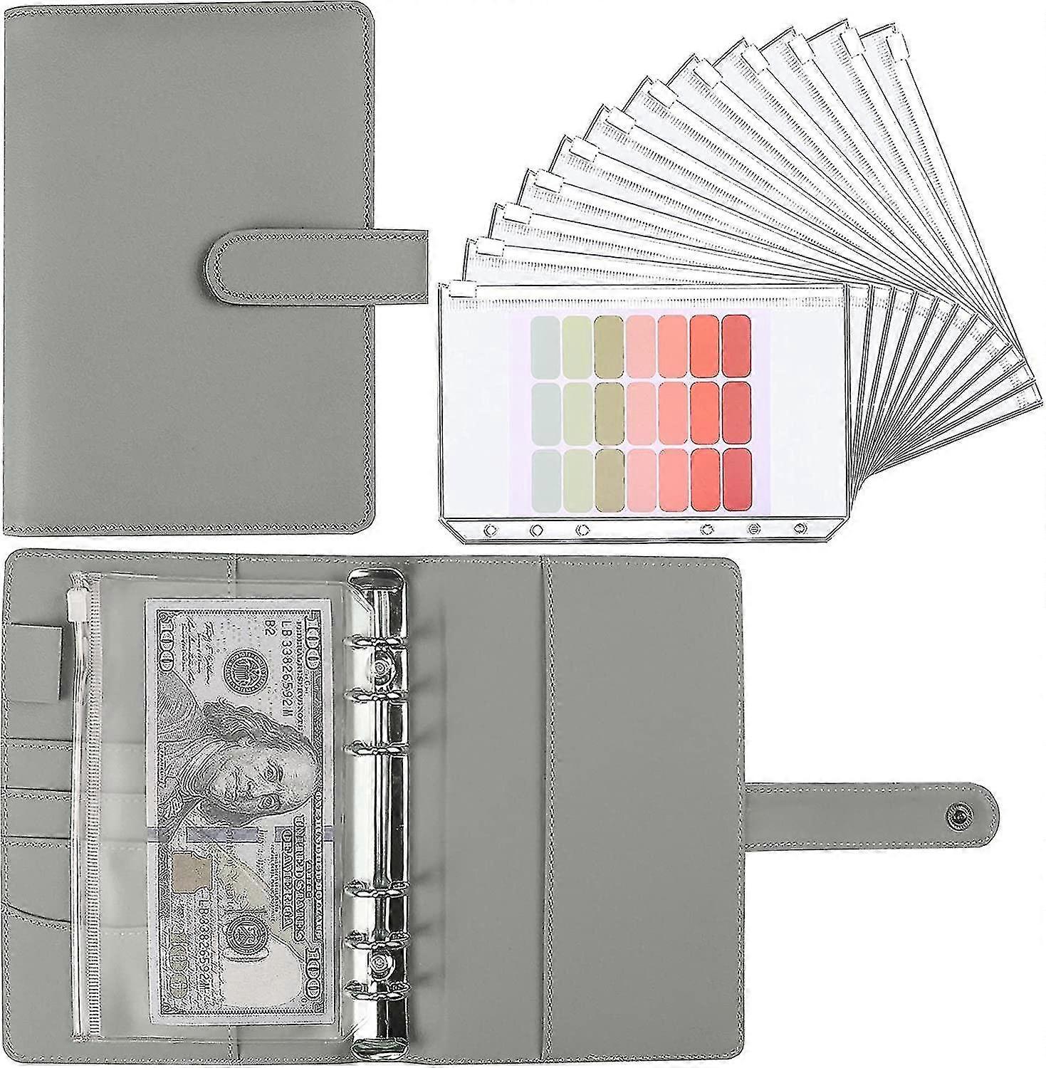 A6 Budget Binder com envelopes de dinheiro, Pu Leather Notebook Binder - Cinza claro