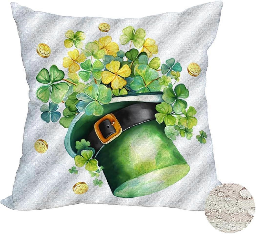 Açık Hava Geçirmez Aziz Patrick Günü Bahar Yastık Kılıfları 18x18 İnç Çift Taraflı Yeşil Yoncalar Şanslı Yonca İrlanda Şapkası Altın Paralar Yastık Atma Cus