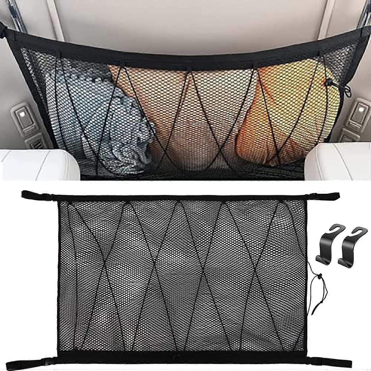 Car Storage Net 90cmx65cm, Multifunctional Organizer with Zipper with 2 Car Seat Hooks, Camping Car Storage Net, Car Organizer for SUV, Jeep, Van