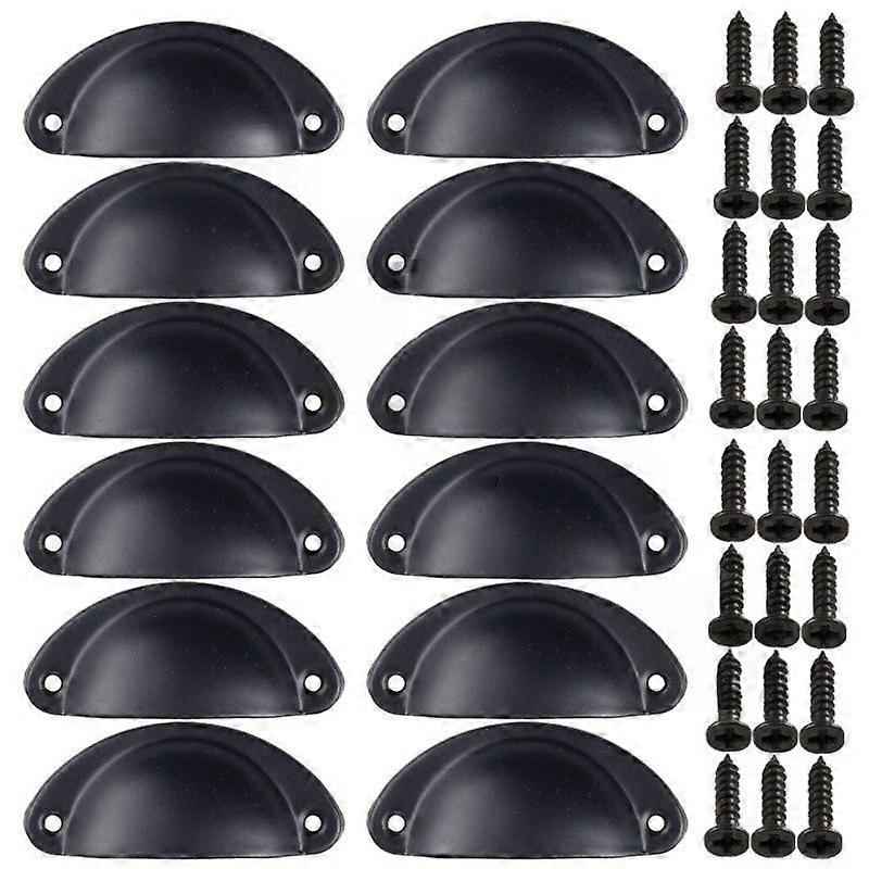 12 Pcs Black Vintage Shell Handle,Retro Shell Handle for Cabinet Door,Drawer,Curved Iron Door Knobs (24 Screws)