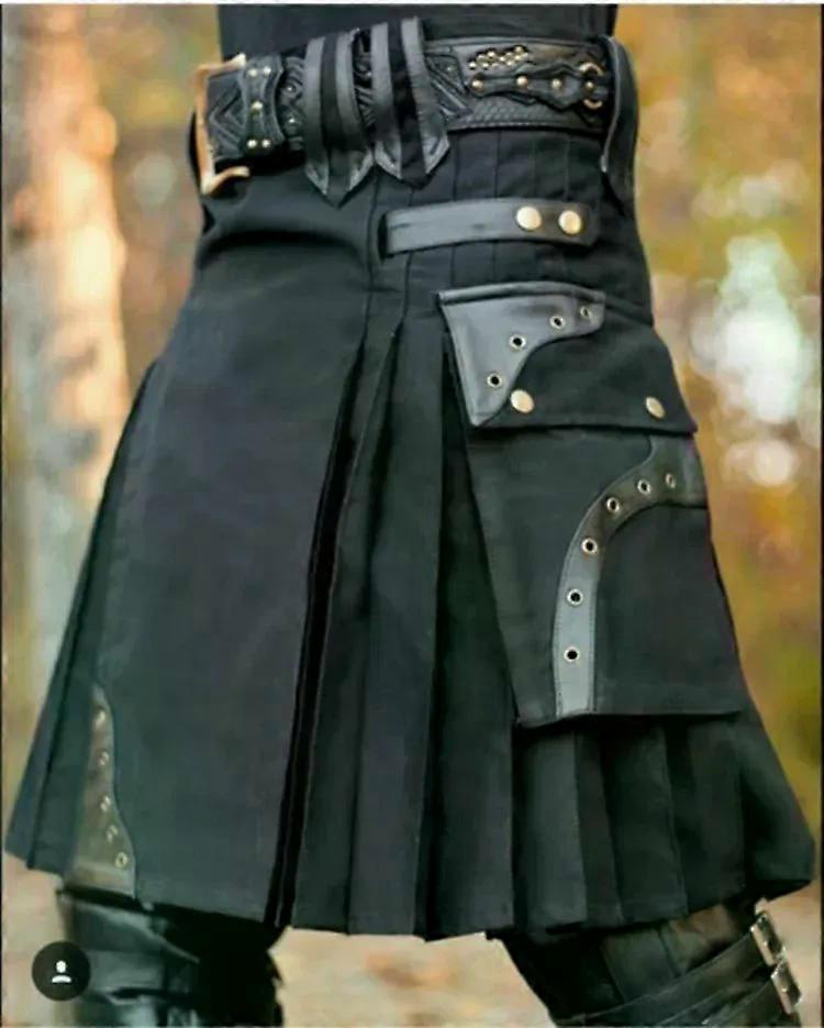 Mens Real Black & Red Leather Gladiator Kilt with Flat Front Panels Scottish Kilts Utility LARP