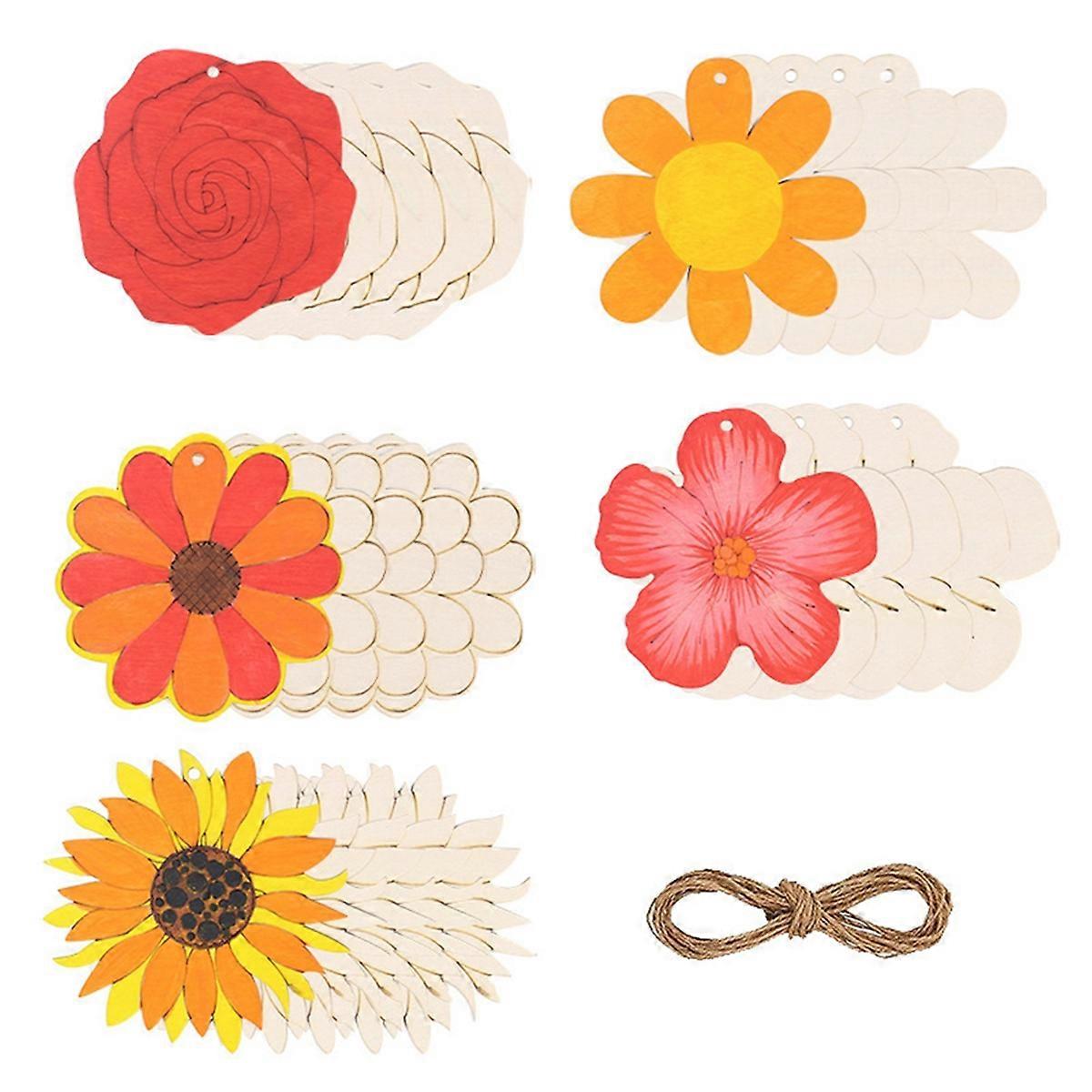60PCS Unfinished Wooden Flower Crafts Blank Flower Shape Wooden