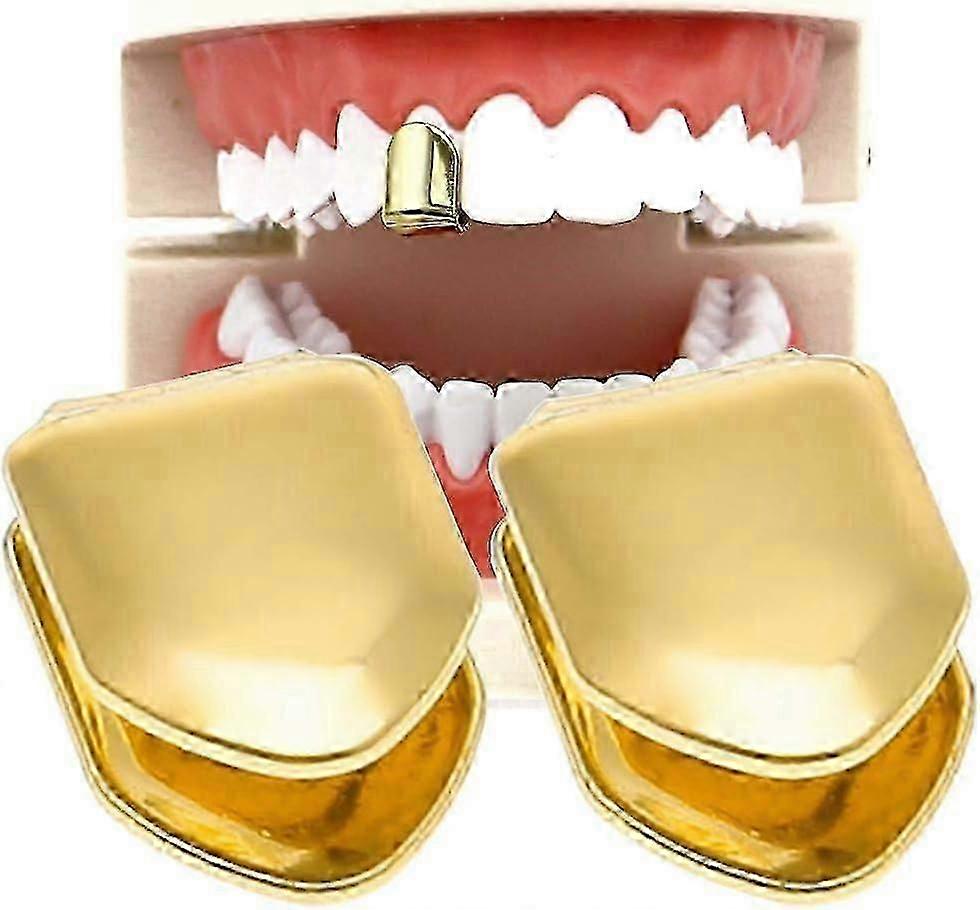 2 kusy 14K pozlacené zlaté ústa zuby, zuby hladké, horní zub Single Grill Cap pro zuby ústa, Party příslušenství Zubní grily (barva: zlatá)