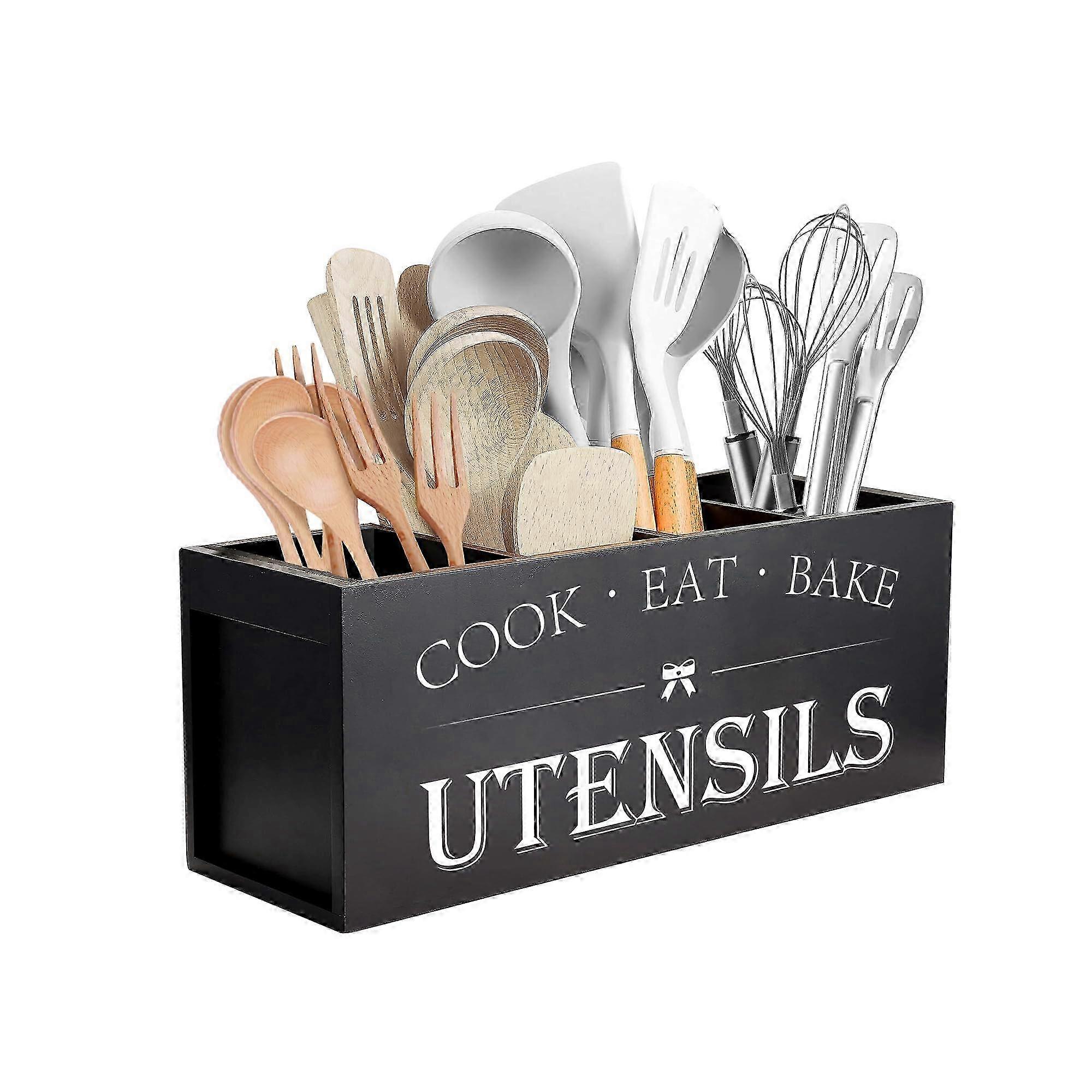 Extra Large Wooden Utensil Holder for Kitchen Countertop Rustic Farmhouse Decor