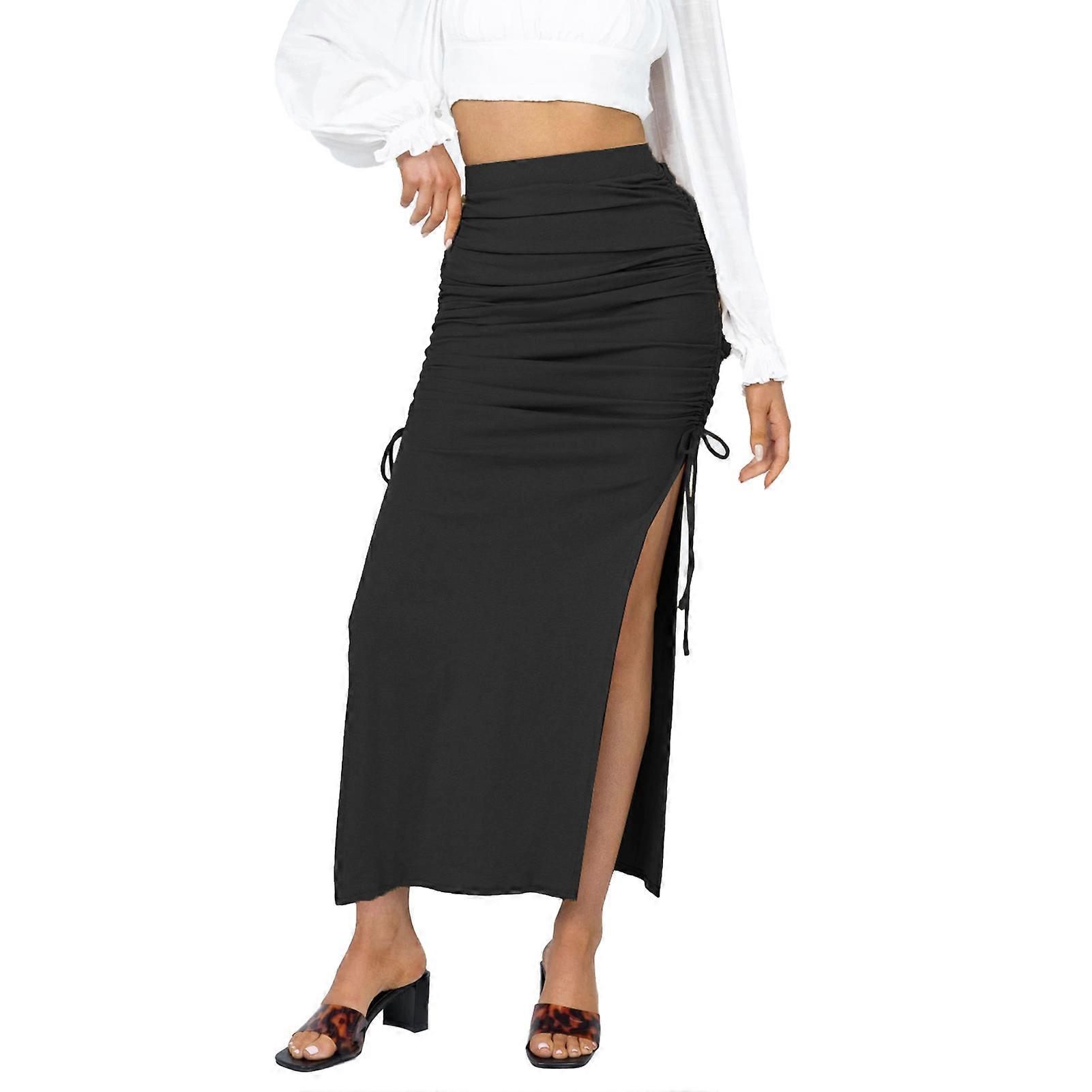 Side Ruched Skirt High Waist Slim Fit Drawstring Bodycon Split Thigh Causal Pleated Skirt