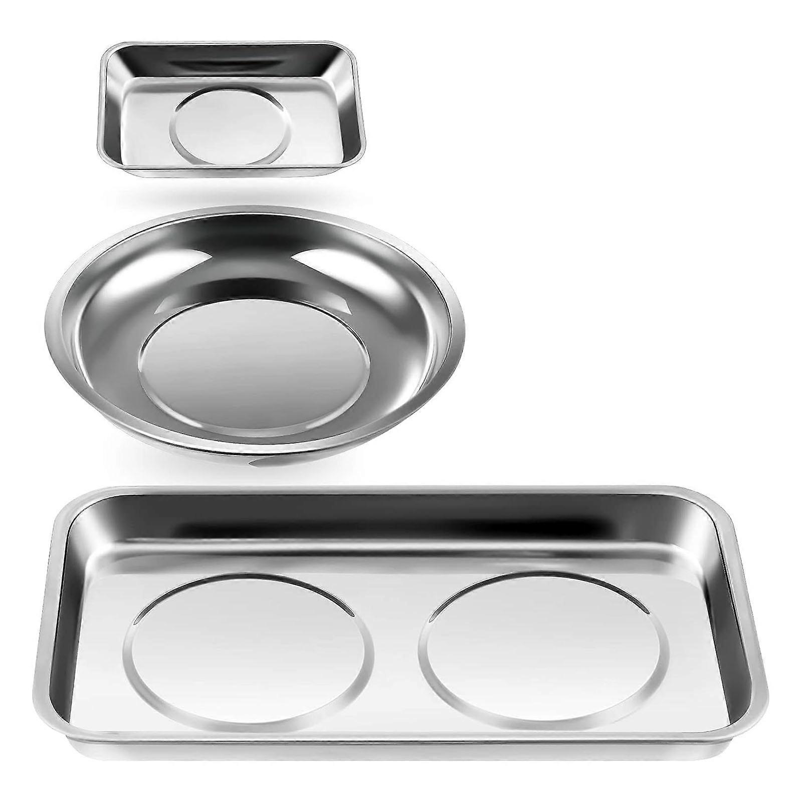 3 Pieces Round And Square Magnetic Trays Set Stainless Steel 6" Round Trays Square Trays For Socket Screw Nuts Bolts