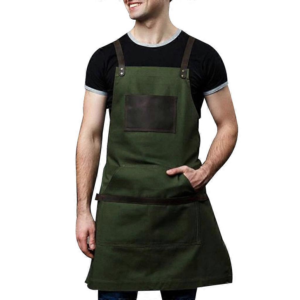 Heavy Duty Canvas Work Apron with Pockets Adjustable Cross-Back Straps Apron Bib  Army Green