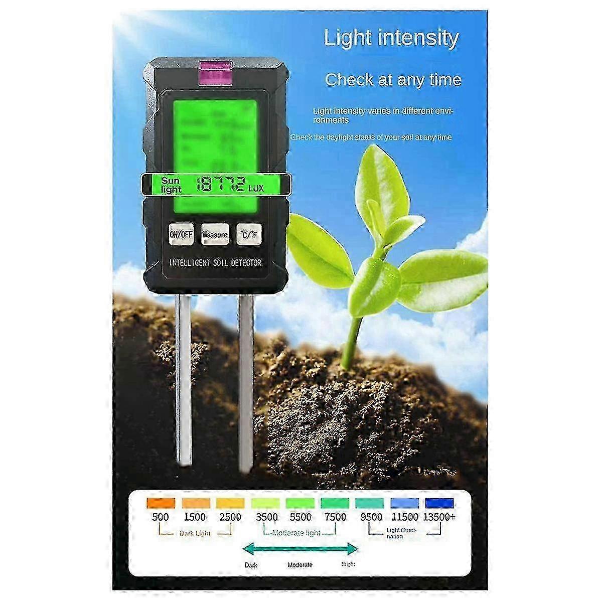 6 in 1 Soil PH Meter Tester for Measuring PH, Moisture, Temperature, Sunlight Intensity, and Soil Acidity Levels