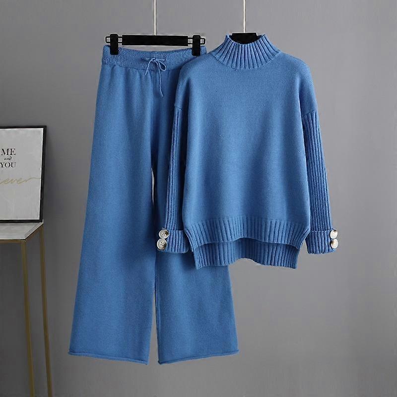 Autumn Winter Knitted Suits Women's Half Turtleneck Thickened Oversized Sweater Pant Two Piece Set