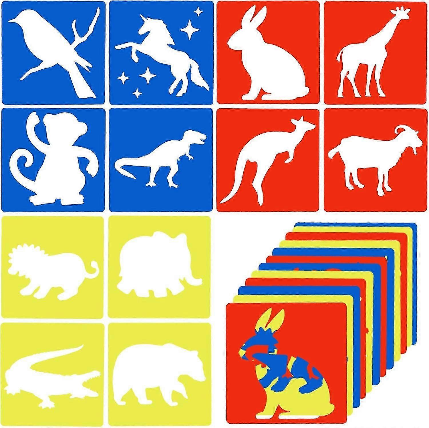 12 Pcs Animal Stencils Set for Kids 8 x 8 Inches Large Shape Stencils for Ages 4-8 Dinosaur Giraffe Kangaroo Monkey Painting Kit