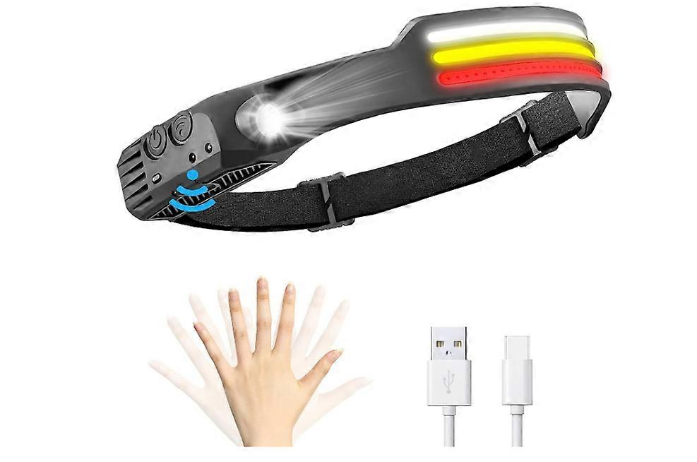 Motion Sensor LED Head Torch,Rechargeable Headlamp,COB White,Yellow and Red Headlight with 10 Modes Low and High Lighting(Black)