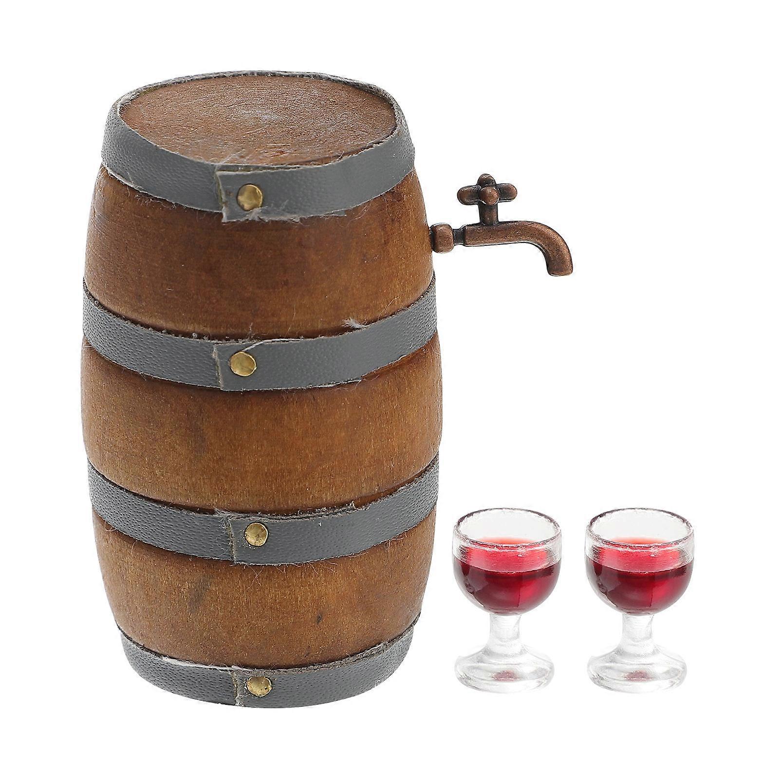 Miniature Barrel Set with Faucet and Cups Model for Dollhouse Bars and Unique Home Decor
