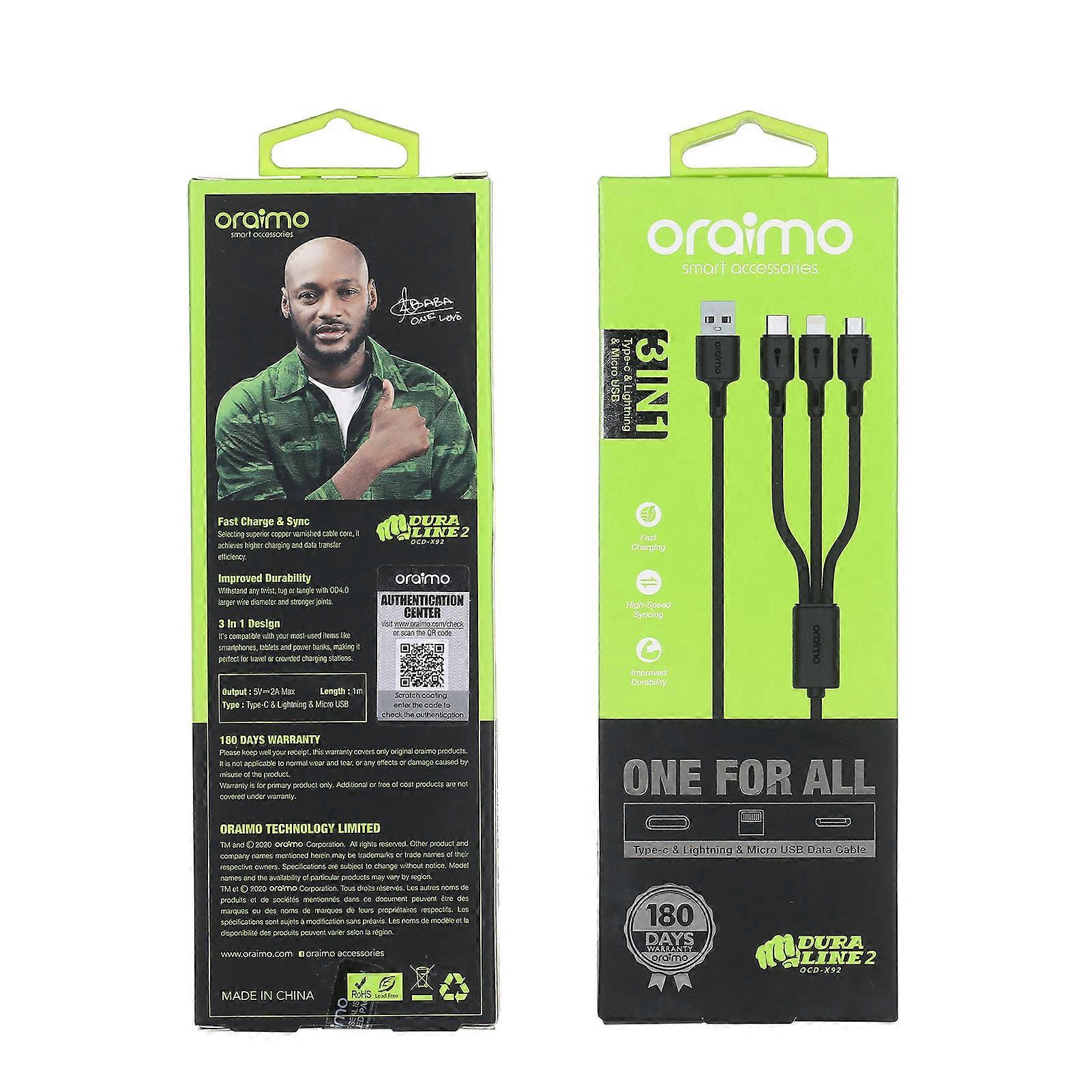 Oraimo OCD-X92 3 in 1 Fast Charging Cable Durable Micro USB/Type-C/Lightning Cable 5V2A 1meter