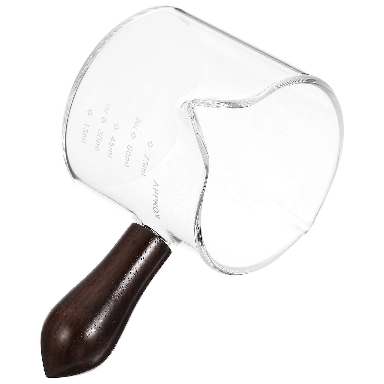Wooden Handle Double Spout Milk Jug Glass Measuring Cup for Coffee, Latte Art, Hot Syrup & Dressings Transparent Serving Cup for Home & Café Use
