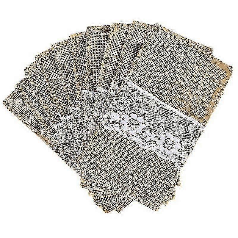10pcs Rustic Burlap Silverware Holders with Lace Trim for Elegant Dining