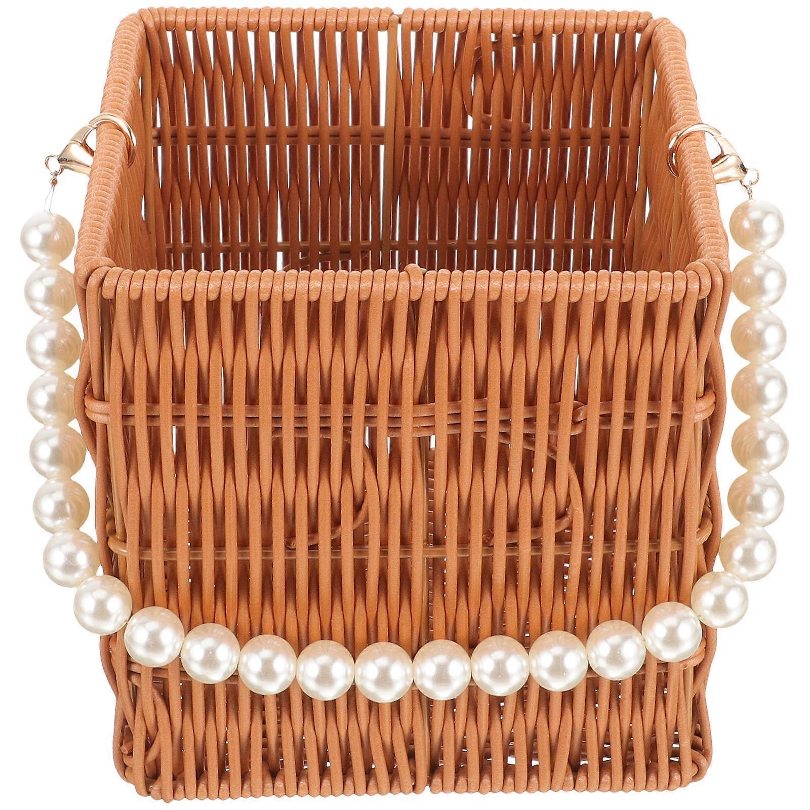 Brown Woven Design Basket for Storage Handcrafted Texture PP Simulation Rattan 12.5 x 8.5 x 9 inches