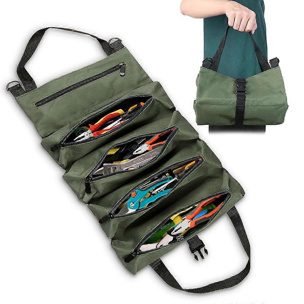 Large Tool Roll Bag with 5 Zippered Pockets, HeavyDuty TearResistant Canvas MultiPurpose Organizer for Electricians (Green)