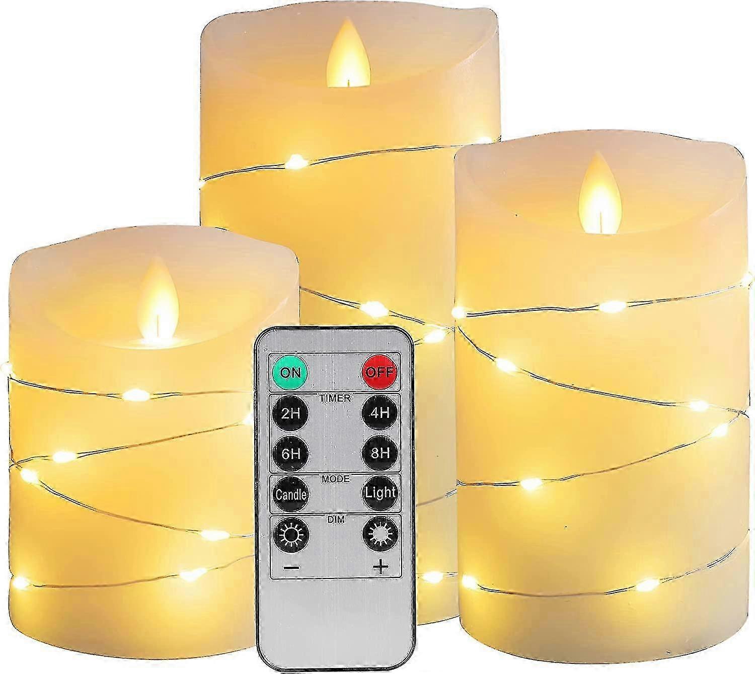 Led Flameless Candles With Remote, Battery Operated Candles With Silver Fairy String Lights, Indoor Electric Candles