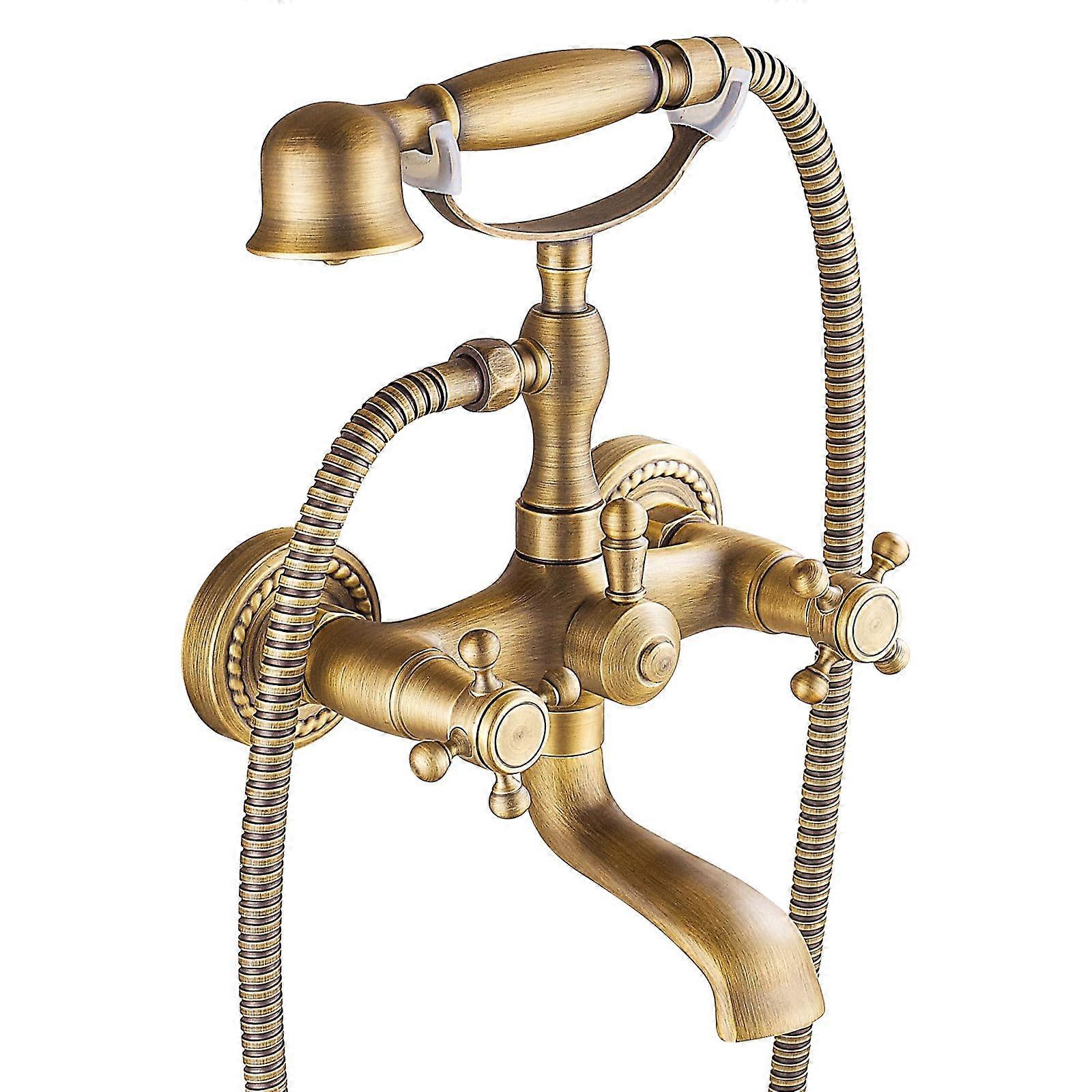 Wall Mounted Bath Tap and Shower Mixer Set Antique Brass 2 Function Hot and Cold Bath Taps with Shower Attachment