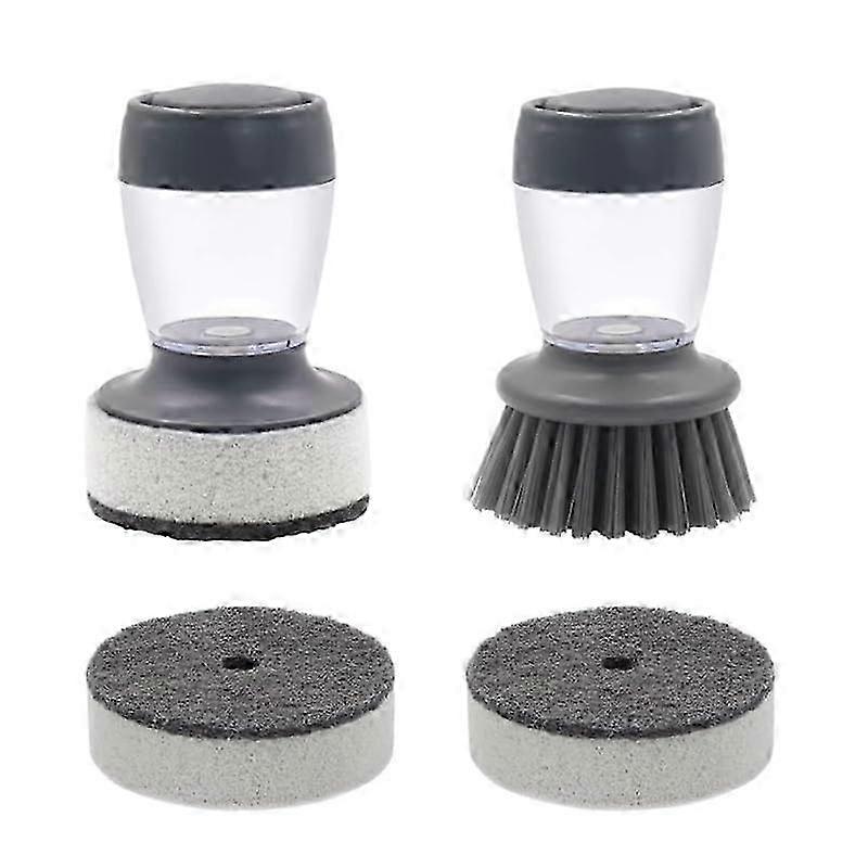 Washing Up Brush, Pack of 2 with Pressure Function, Removable Head & Liquid Dispenser, 2 Replacement Sponges