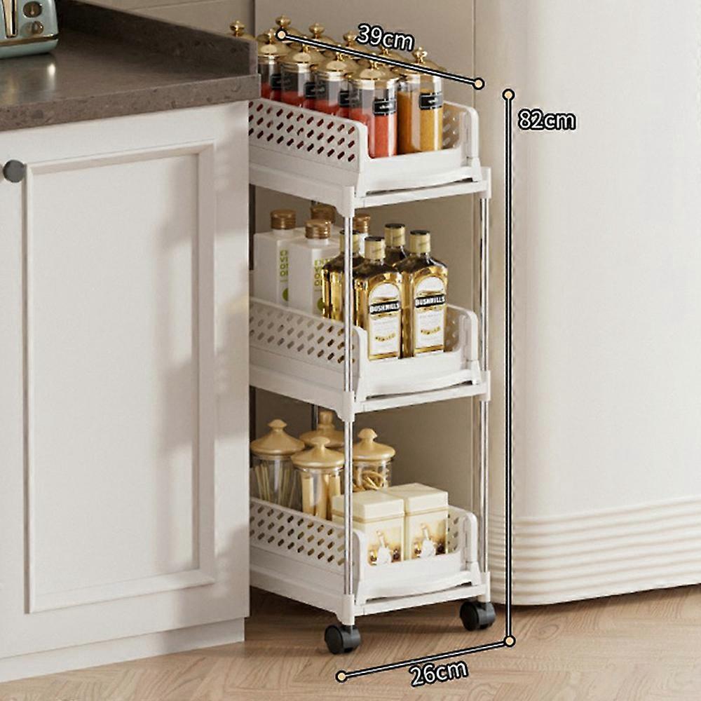 TKdaddy Foldable 3-Tier Rolling Slim Storage Cart Expandable Kitchen Spice Rack Bathroom Organizer White
