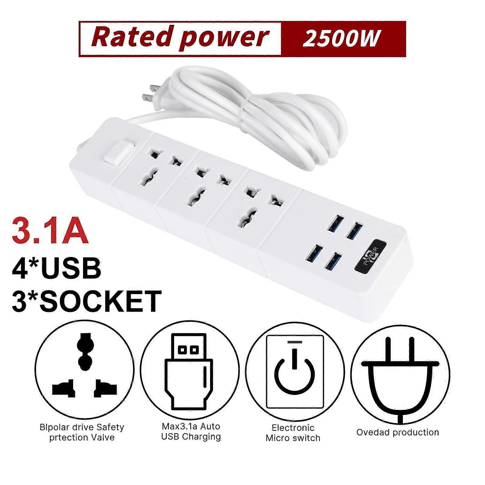XIAOLE Power Strip Surge Protector, 3 Outlet 4 USB, 2500W with Extension Cord, Multiple Protection, White
