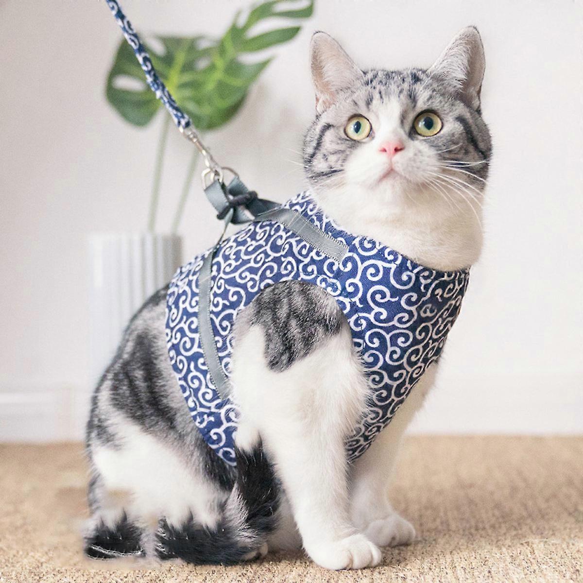Cat Chest Strap Harness for Walking 1Set Blue Vest Style Pulling Rope