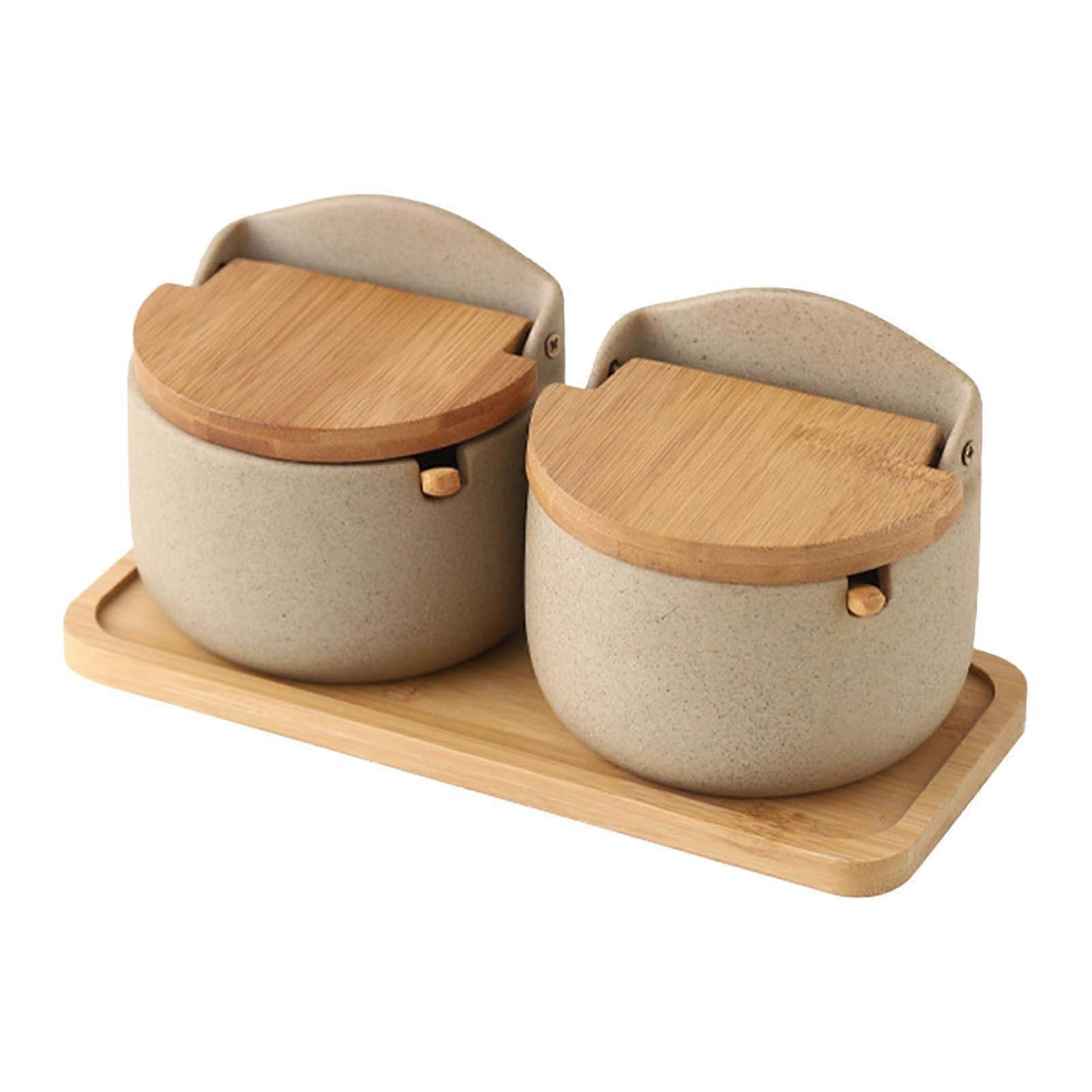 Salt Container With Lid Ceramic 2Pack With Wooden Spoon Compatible With BType SemiCircular Seasoning Jar Set 2