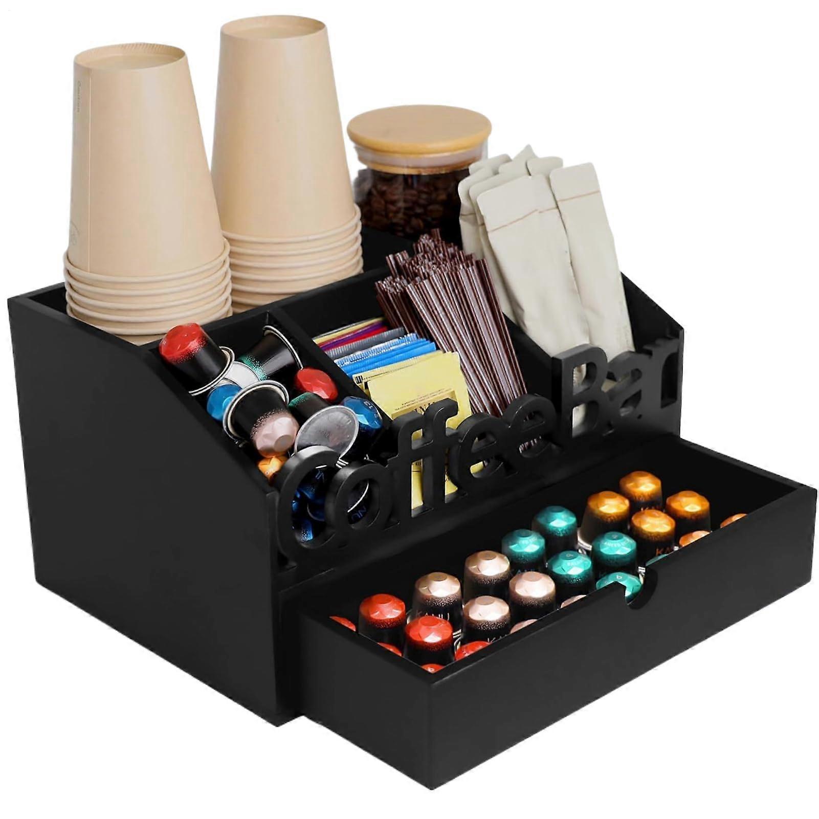 Coffee Bar Organizer Wooden Countertop Storage Rack with Pod Drawer for Cups and Syrups