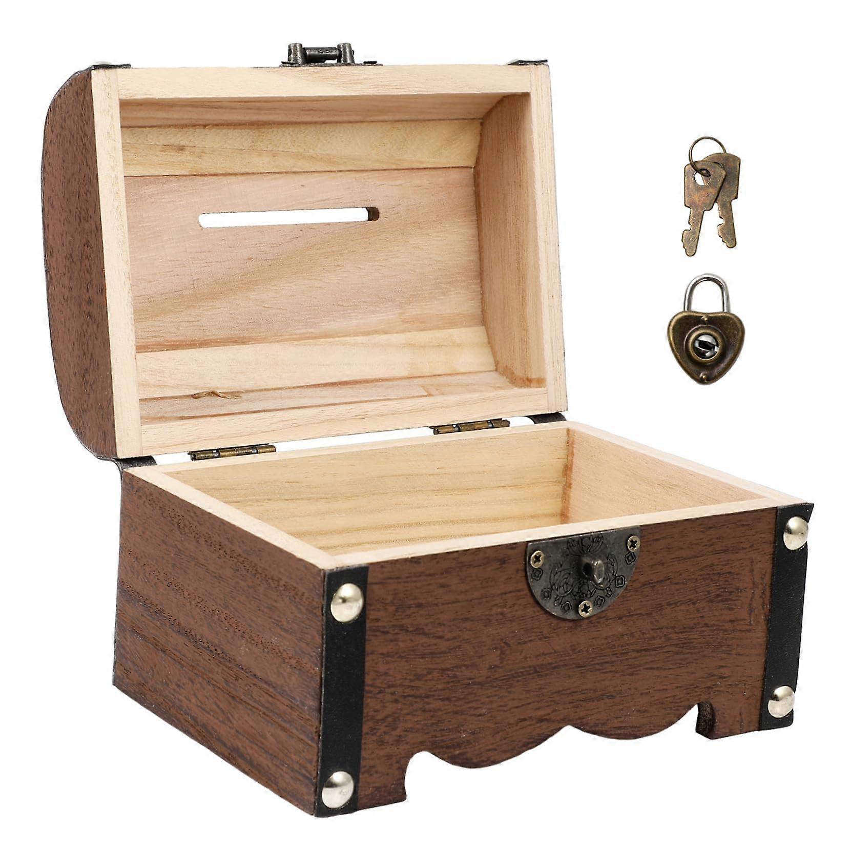 Vintage Wooden Treasure Storage Box with Heart Lock Design Piggy Bank for Home Décor and Keepsakes