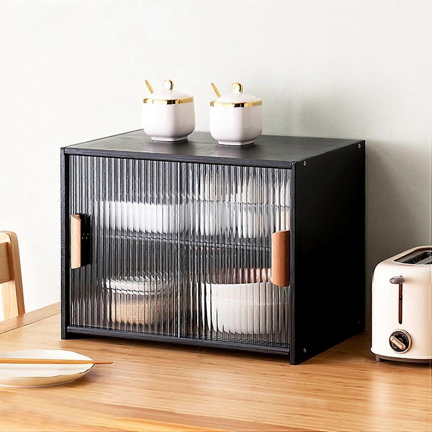 Small Kitchen Pantry Cabinet Bamboo Sideboard With Glass Doors Countertop Storage 45x28x34 Cm Cupboard Food Storage