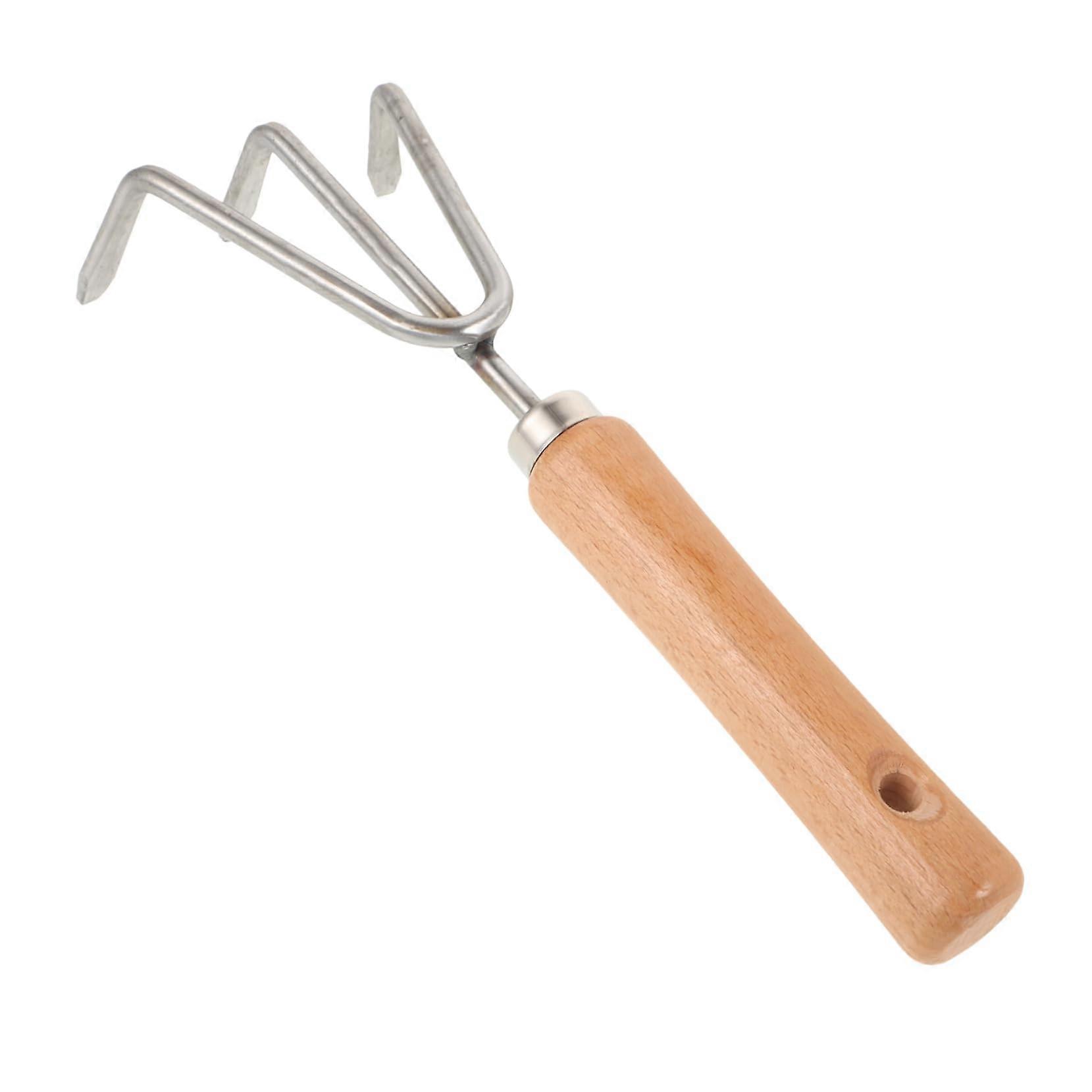 Garden Hand Rake Stainless Steel with Ergonomic Wooden Handle for Soil Loosening in Tight Spaces
